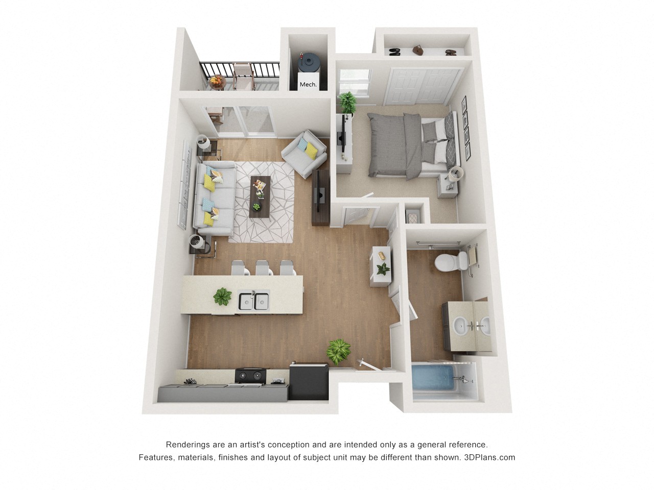 Floor plan for 1 bed, 1 bath, 750 sqft